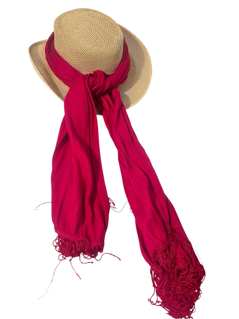 Straw Sun Hat with Fuchsia Scarf Tie Excellent condition L378